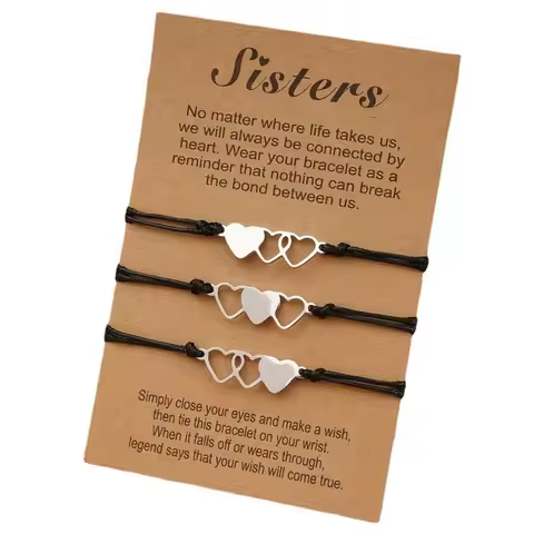 F42F 3 Pcs Matching Heart Distance Card Bracelets Three Sisters Stainless Steel Heart Bracelet Jewel