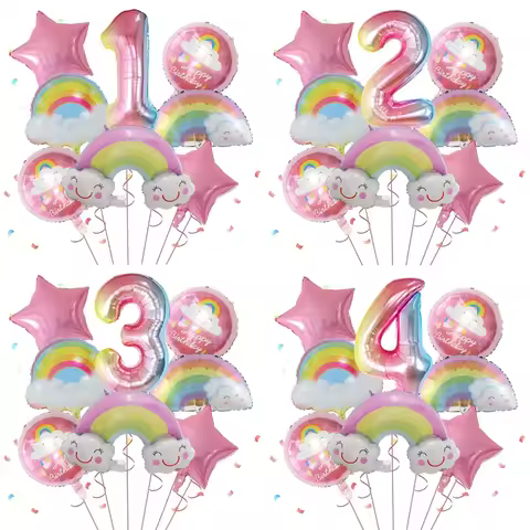 8pcs Rainbow Smile Cloud Balloon 30 inch Gradient Number Foil Balloons 1-9 Year Old Kids Birthday Pa