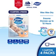Drypers Wee Wee Dry Baby Tape Diapers M60s/ L58s/ XL50s/ XXL40s (4 packs) - Super Dry, Soft & Fit
