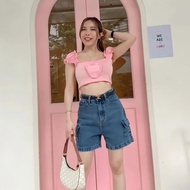 ยีนส์SARAN P03  S-4XL กางเกงยีนส์ขาสั้นทรงคาร์โก้ เอวสูง