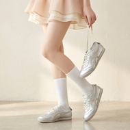 Y2K Style Metallic Silver Sneakers Women Retro Casual Leather Walking Shoes