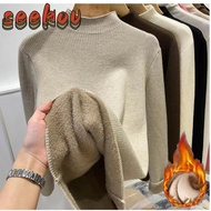 SEEKOV Knitted Pullover, Elegant Women Turtleneck Sweater,  Thicken Velvet Lined Warm Sueter Knitwea