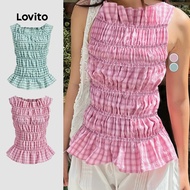 Lovito Vacation Cute Top Gingham Smocked Summer/Spring Tank Top for Women L125AD139 Lovito Vacation 