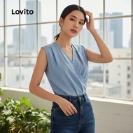 Lovito Atasan Wanita Elegan Lipit Musim Panas Biru Abu-abu L142ED340