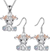 2pcs Cow Necklace Earring for Women Cute Fashion Silver Tone Pendant Jewelry Gift