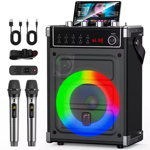 JYX Karaoke Machine with 2 UHF Wireless Microphones, Bluetooth Speaker with Bass/Treble/Echo Adjustm