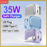 35W GaN Charger Fast Charging USB+Type C Port Smart Wall Charger Power Adapter With Retractable Type