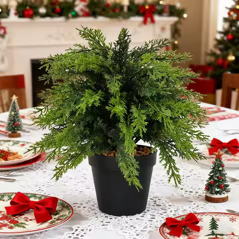 14.9" Artificial Cypress Topiary Tree Potted Fake Evergreen Plants with Pot for Home Room Christmas 