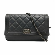 CHANEL LEBOY WOC 灰色羊皮萎格紋縫肩背包斜背包 釕色五金