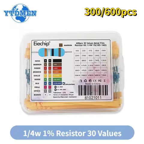 300/600pcs 1/4w Metal Film Resistor 30 Values Resistance Kit 10R-1M 0.25W 1% Resistors Set with Box