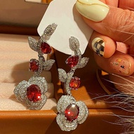 Retro Palace Red Diamond Camellia Earrings Full Diamond Temperament Super Fairy Long Thorn Red Rose 
