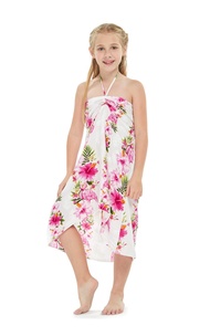 Girl Hawaiian Halter Dress in Pink Hibiscus Vine Black