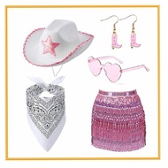 5 Pcs Western Cowboy Hat Pink Set Disco Sequin Tassel Skirt Scarf Sunglasses Earrings Cowgirl Cospla
