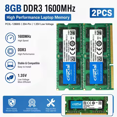 Crucial Memory 2PCS DDR2 DDR3 DDR3L Laptop RAM 2GB 4GB 8GB 1600 1066 667 800 1333 1866MHz SODIMM PC3