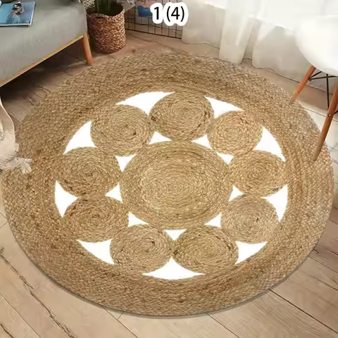 Natural Jute Woven Round Soft Area Rug Washable Non-Slip Indoor Floor Mat for Rustic Boho Bedroom Li