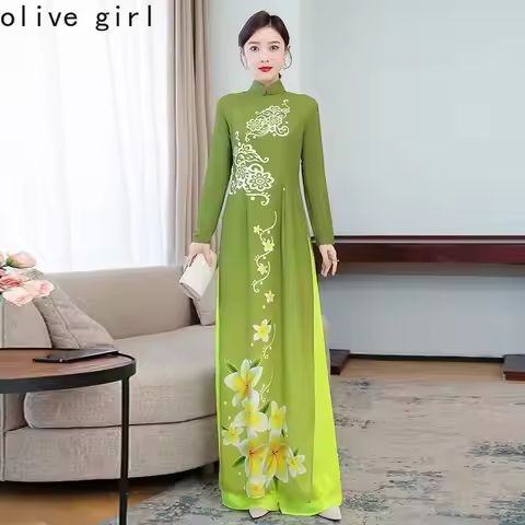 Women Aodai Vietnamese Traditionally Dress Two-piece Wide-leg Pants Cheongsam Aodai Dress Aodai Vetn