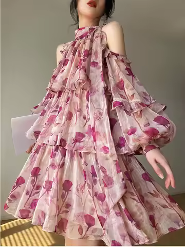 Beach Style Floral Mini Dress Woman Boho 2025 Spring Long Sleeve Party Fairy Dress Female Fashion Ca