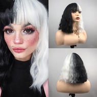CRUELLA De Vil Black White Wavy Hair Synthetic Wigs With Bangs Short Curly Hair Wigs Cosplay Daily U