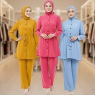 Baju Passang Tali Fashion With Balt Long Cuff Sleeve Wanita Suit Set