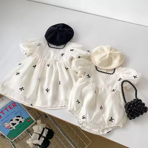 Summer Sisters Outfits Girl Infant Bow Puff Sleeve Bobydsuit Newborn Baby Mesh Cotton 1-6Yrs Fashion