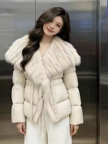 Premium Thickened Cotton Jacket with Large Fur Collar Bread Style Waist-Cinching Winter Fashionable 