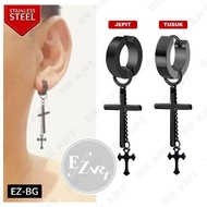 1Pc EZ-BG Black Model Men's and Women's Clip-on Earrings with 2 Cross Pendants and Chain Variations