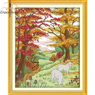 Cross Stitch Complete Set Sheep In The Autumn Hills Printed Unprinted Aida Fabric Canvas 11CT 14CT N