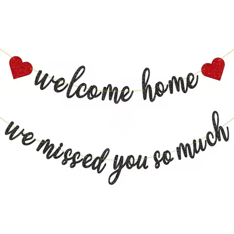Welcome Home Banner Set, Black Glitter Bunting with Red Hearts, "Welcome Home / We Missed You So Muc
