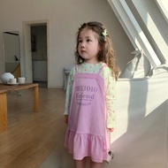 Theioioio Kids 100% Cotton Letter Print Suspender Dress French Retro Ruffle Hem Sundress in Green & 