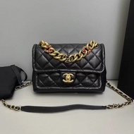 Chanel香奈兒 黑金全皮粗鏈條豆腐包