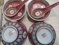 中國景德鎮 "萬壽無疆" 陶瓷2碗+2匙羹+2小碟10cm -(PB12)