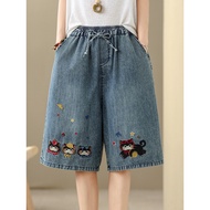 High Quality Women Denim Shorts Cute Casual Embroidered Bear Denim Summer Academy Style Loose Wide L