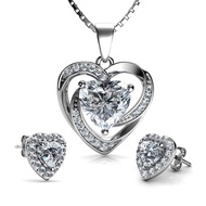 White Heart Necklace & Heart Earrings Set - 925 Sterling Silver - Crystal Studs & Pendant Birthstone