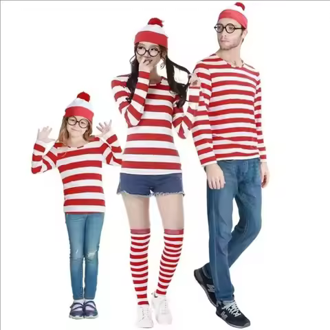 Artoon Wheres Wally Waldo Striped Shirt Youth Kids Boys Wally Costume Shirt Glasses and Hat Socks Un