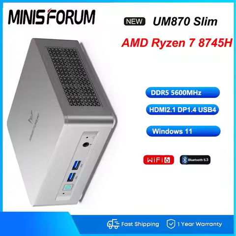 MINISFORUM UM870Slim AMD Ryzen 7 8745H Mini PC Windows 11 DDR5 PCle4.0 SSD Wifi6E BT5.3 DP HDMI USB4