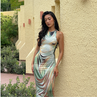 summer outfit women green korean style floral beach tube fitted long dress for woman elegant casual