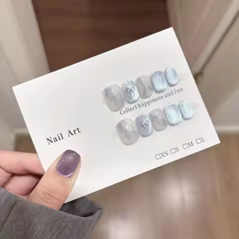 10Pcs Short Round Press on Nails Full Cover Blue Cat's Eye Bow Fingertips with Jelly Glue Simple Fal