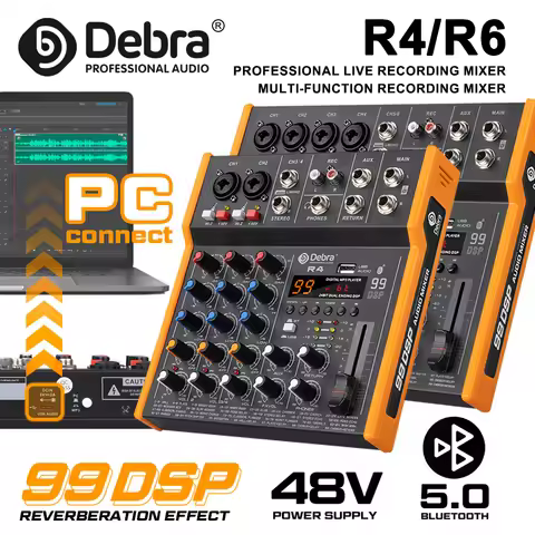 Debra R6/R4 Six-Channel Audio Mixer, 99DSP, Stereo, Bluetooth 5.0, 6.5mm Output Type-C Sound Card fo