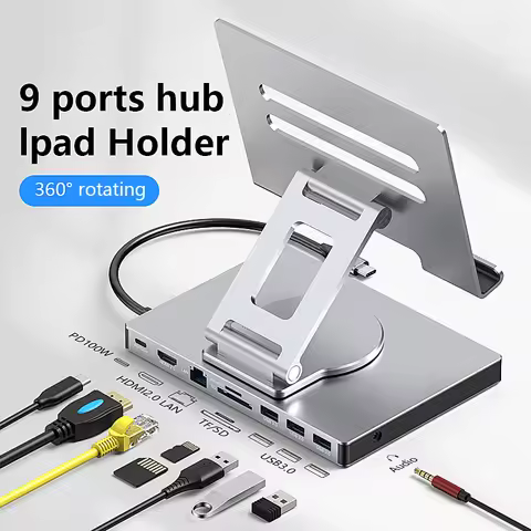Blueendless Ipad stand USB C Hub 4K 60HZ HD Type-C 100W PD SD/TF Slot Reader USB 3.0 5Gbps 9 In 1 Ty