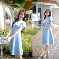 Feisty Flare Dress Pleated With Lotus Petal Sleeves: Blue Baby