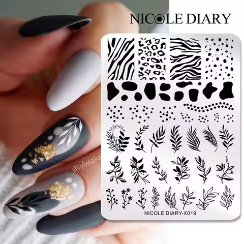 NICOLE DIARY Leaves Flower Nail Art Stamping Plates Drawing Template Geometric Stripe Line 3D Image 
