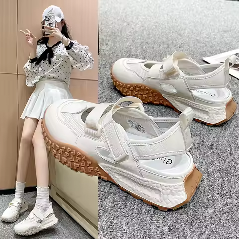 2025 Summer New Mary Jane Retro Ugly Women's Shoes Mesh Cloth Tire Thick Bottom Hollow Sports Sandal