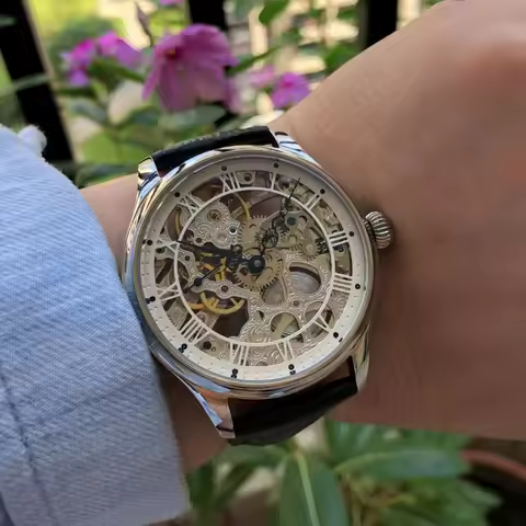 44mm GERRVO No Logo St3600SK Hollow Out Skeleton Manual Winding Movement 21,600 Dph Black Hands Men'