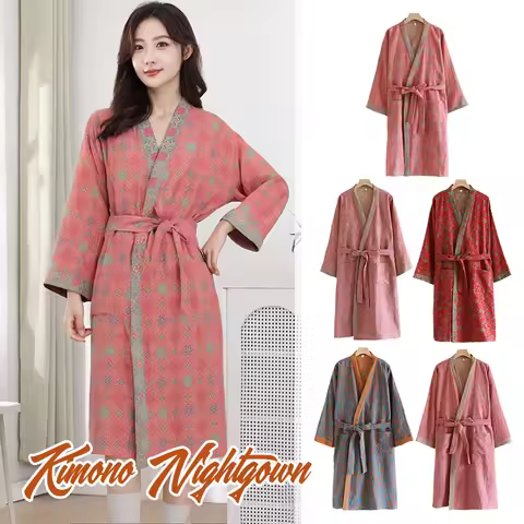 Women Cotton Kimono Bathrobe Spring Autumn Morning Robes Loose Home Wear Sleep Dressing Yarn-dyed Ja