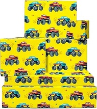 Boys Birthday Wrapping Paper - Monster Truck - 6 Sheets of Wrapping Paper - Yellow - Kids Toddler Bo