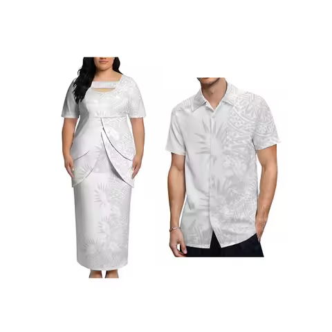 Ladies Custom logo Plus Size White Sunday Island Tribal Print Dress with Samoan Puletasi Dress Pacif