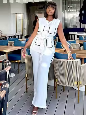 2 Piece Set Outfit Woman Streetwear Ladies High Waist Sleeveless Blazer Pants Set Outfit Colors Whit