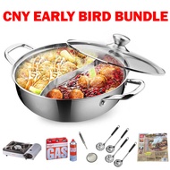 CNY BUNDLE | 304 Grade Stainless Steel Yuan Yang Steamboat Hot Pot + Iwatani Butane Gas Stove + Gas Cartridge + S/S Ladle Sets + S/S Fat Skimmer Spoon + Oil Absorbent Cloth ( Bundle Worth : $128.20 / $136.20 / $142.20 )