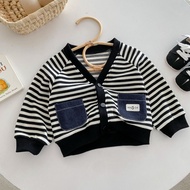 AY535 Outerwear cardigan with horizontal striped pattern and 2 side pockets for children |Bongshopki