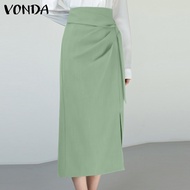 VONDA Women Fashion High Waist Pleated Split Midi Skirts (Korean Causal)